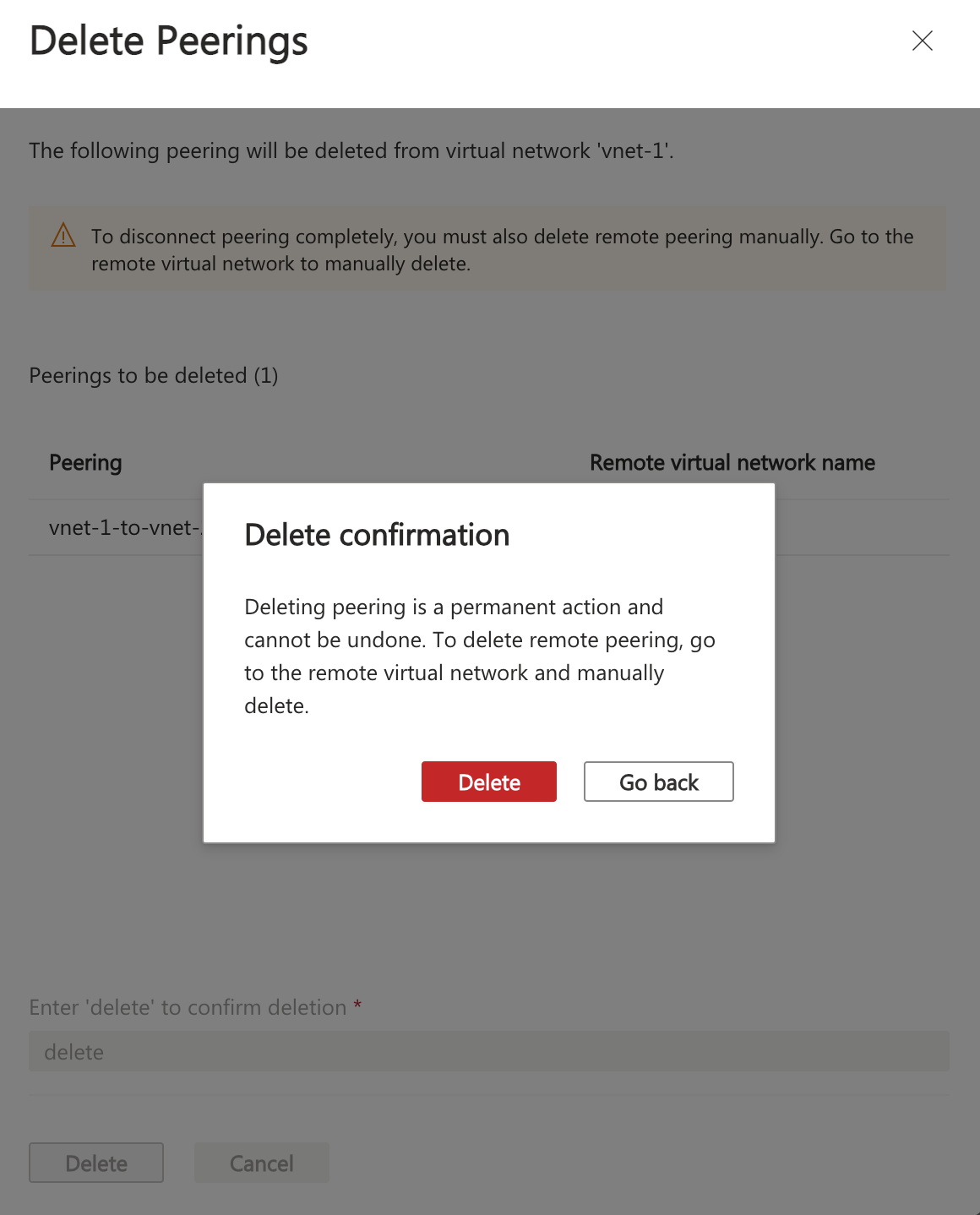 Screenshot of peering delete confirmation.