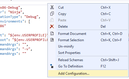 CMake Add Configuration Screenshot of the shortcut menu with Add configuration selected.