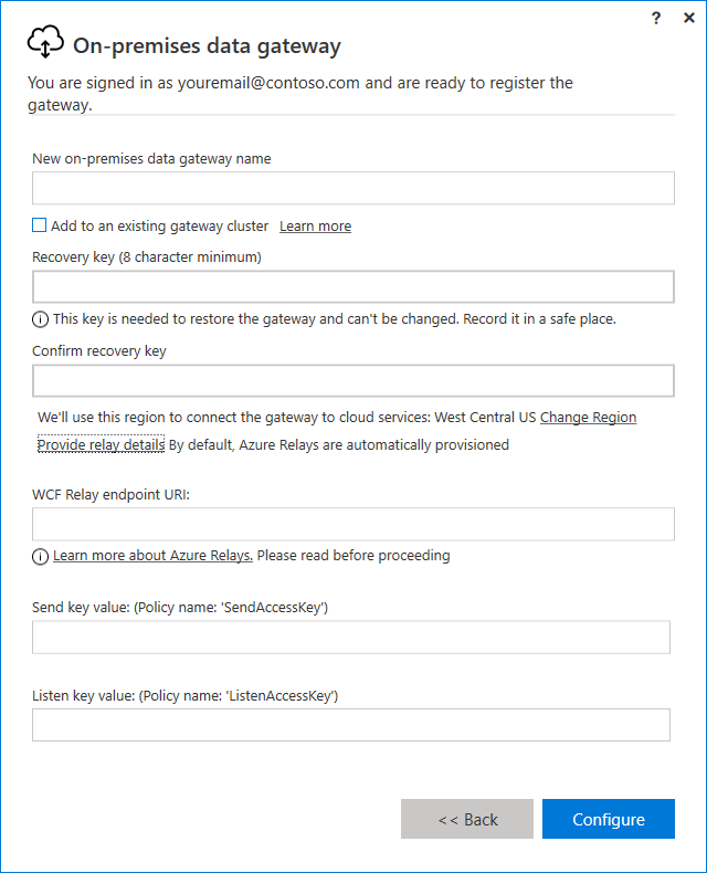 Screenshot of the additional relay details in the on-premises data gateway registration page.