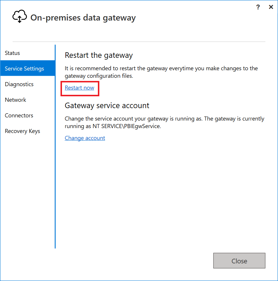 Screenshot of the gateway app with the Restart now option emphasized.