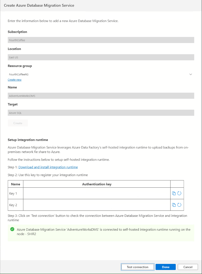 Screenshot of Test connection integration runtime.