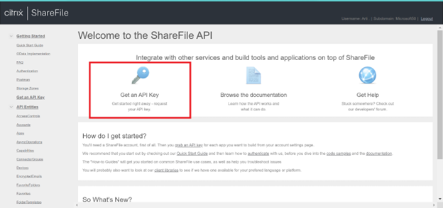 חבר את מפתח ה- API של Citrix ShareFile.