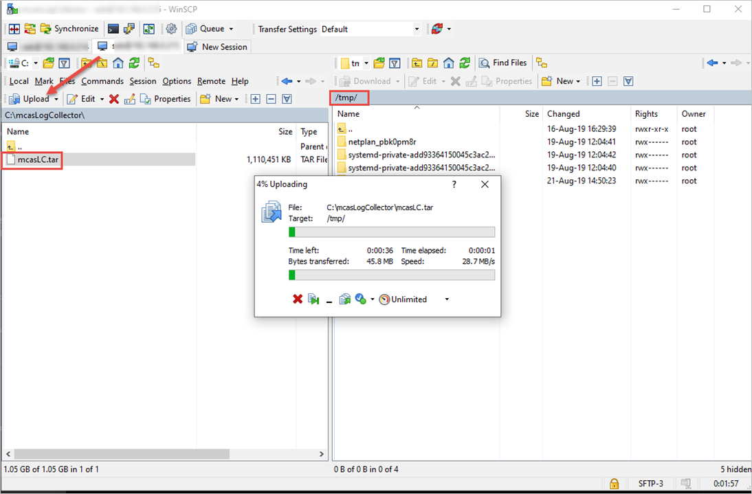 Screenshot of uploading the log collector to the destination host.