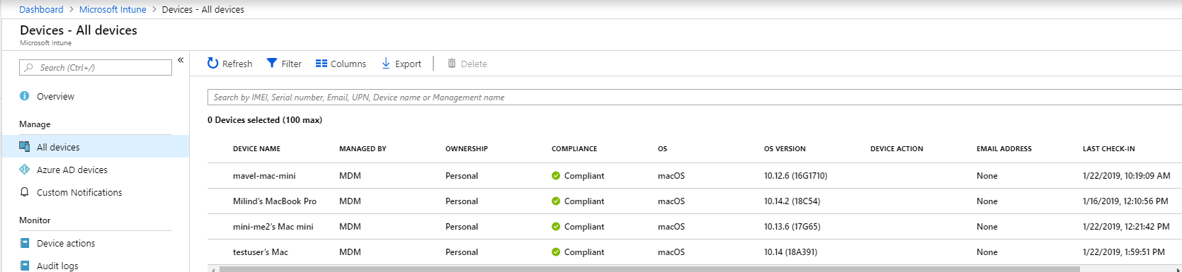 צילום מסך שמראה את הדף 'כל המכשירים'.