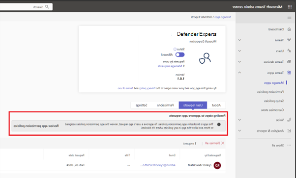 צילום מסך של תמונה חסומה של הרשאות אפליקציית Defender Experts ב- Teams.