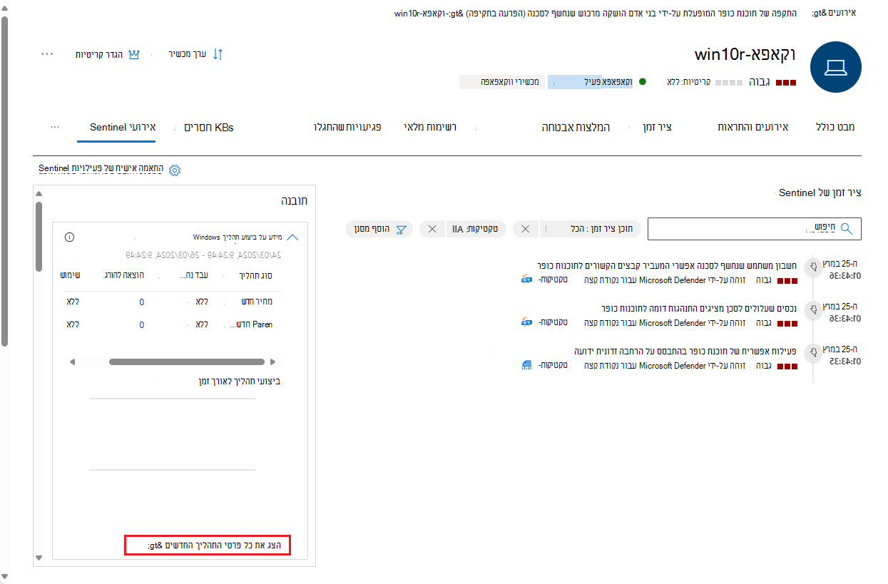 צילום מסך של הכרטיסיה 'אירועי Sentinel' בדף 'ישות משתמש'.