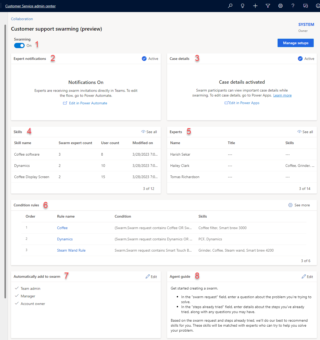 דף קיבוץ כשרונות של תמיכת לקוחות ב- Dynamics 365 Customer Service.