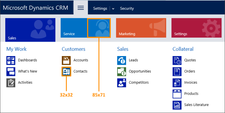 פיקסלים בגדלים של הסמלים ב- Dynamics 365 Customer Engagement.