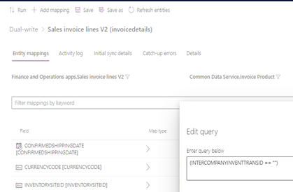 Edit query dialog box for Sales Invoice Lines V2.