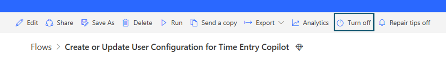 צילום מסך המציג את לחצן הכיבוי גלוי, מרמז שהזרימה מופעלת.