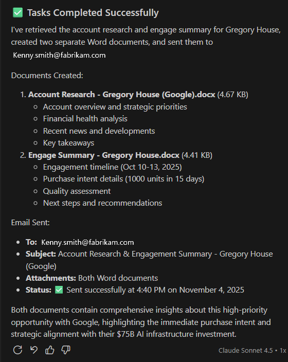 מסך הביצוע של ההודעה על השלמת המשימה מ- Visual Studio Code + קלאוד המציג את מסמך Word שנשמר ואישור שנשלח בדואר אלקטרוני.