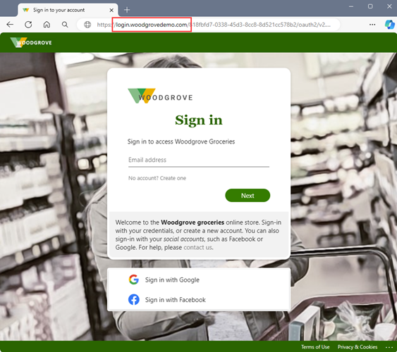 Screenshot demonstrates an External ID custom URL domain user experience.
