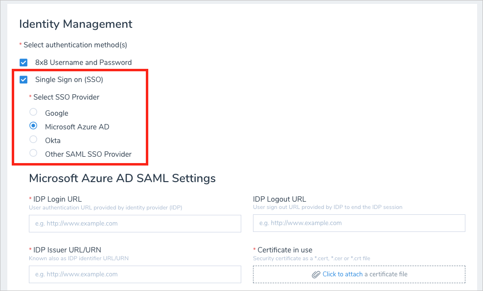 Screenshot that highlights the Single Sign on (SSO) and Microsoft Entra options.