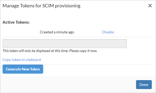 Screenshot of the Manage Tokens for S C I M provisioning dialog box.