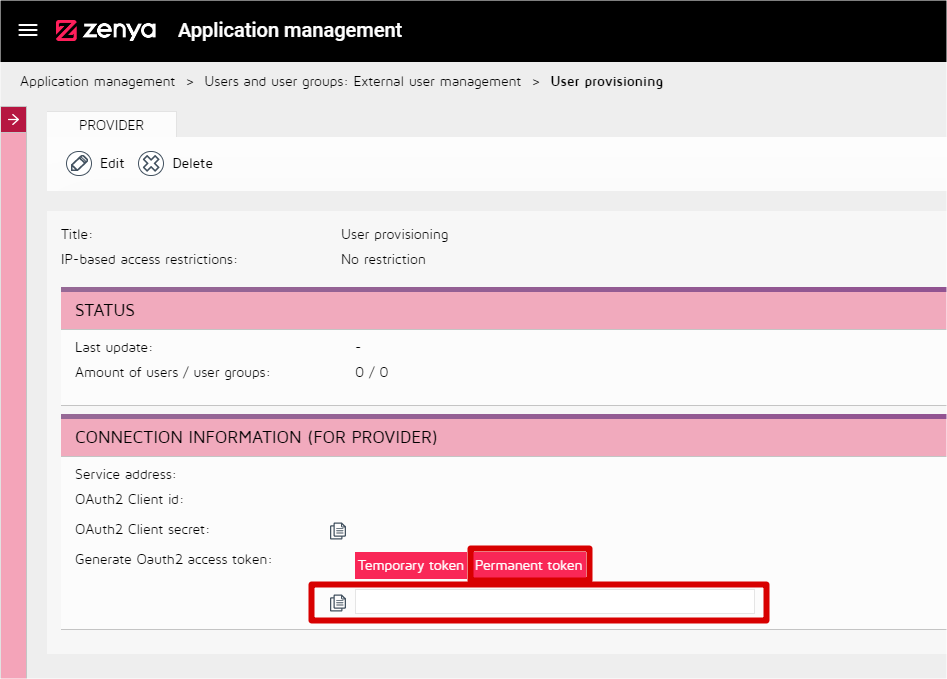 Screenshot showing the Zenya User provisioning page for creating a Token.