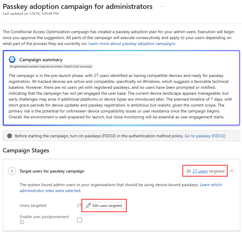 Screenshot of the passkey campaign details with the target users options highlighted.