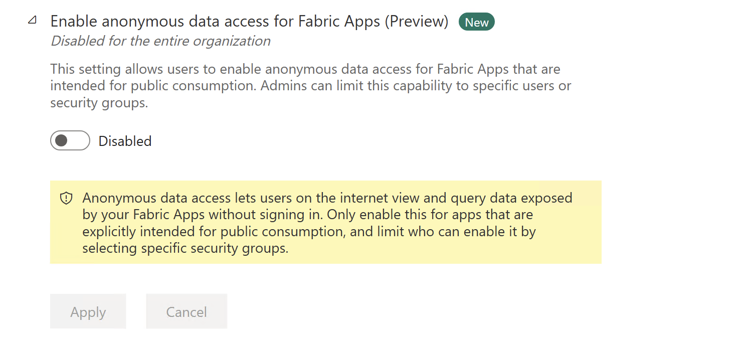 Screenshot of the Anonymous data access setting in the Fabric admin portal.