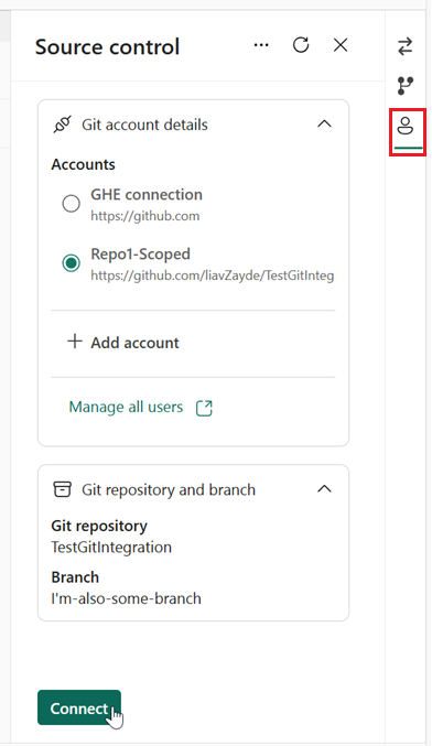 Screenshot of Accounts tab with user connecting to a GitHub account.