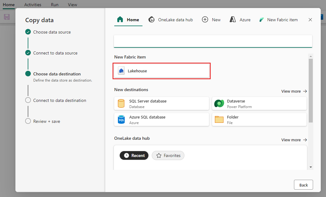 Screenshot showing the selection of the Lakehouse destination in the Copy data assistant.