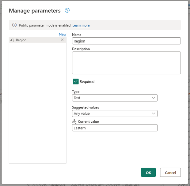 Screenshot of the manage parameters dialog showing the notification that the public parameter mode is enabled.