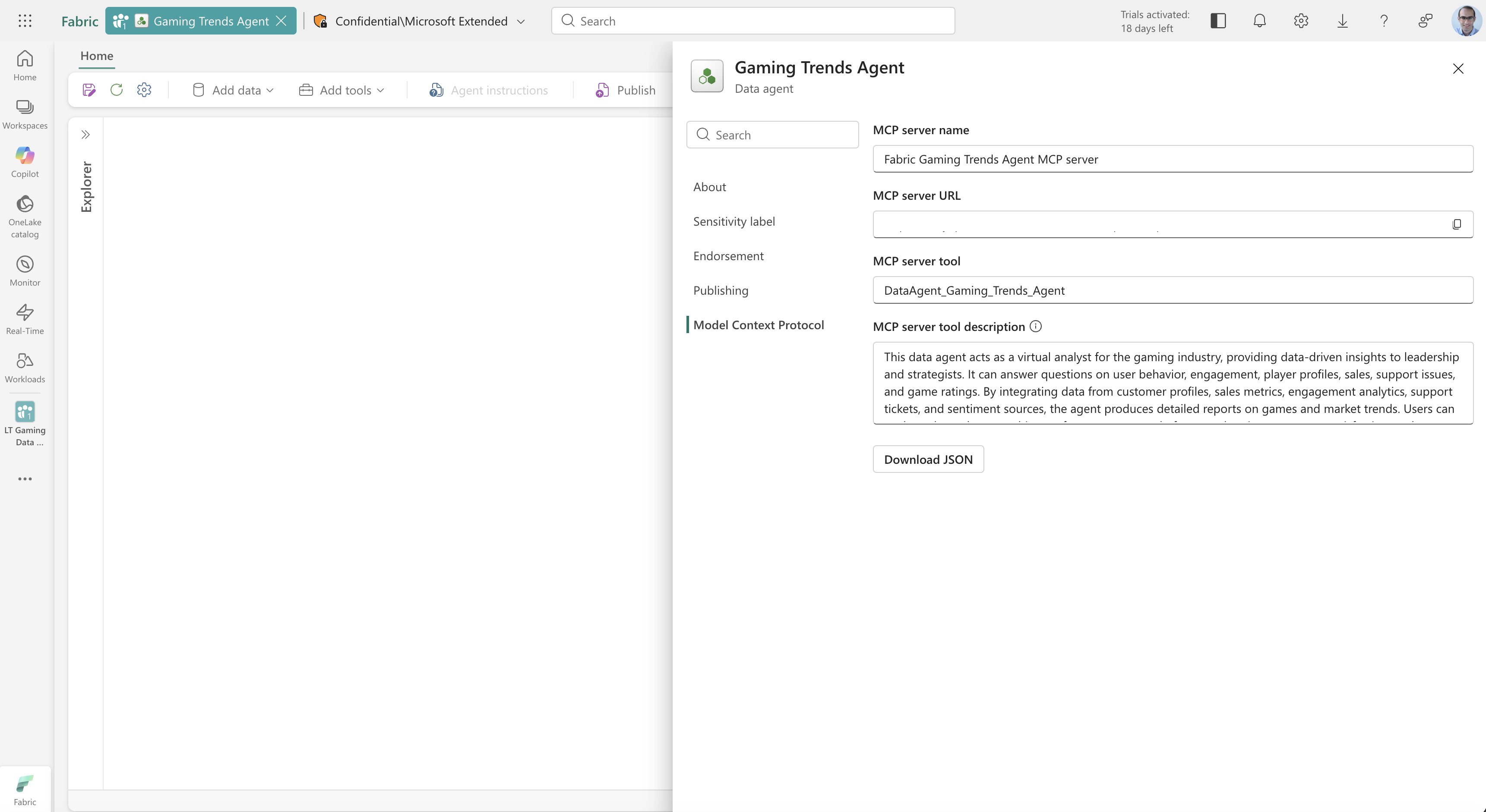 Screenshot showing the data agent MCP server settings tab.