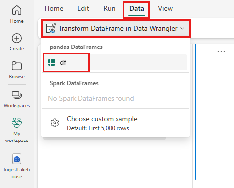 Screenshot shows how to launch the data wrangler from a notebook.