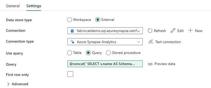 Screenshot from Data Factory showing the Settings tab of a Data Pipeline. The 'Query' button is selected and code is pasted into the 'Query' field.