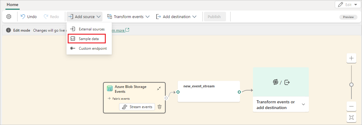 A screenshot of selecting Sample data to add to an existing eventstream.