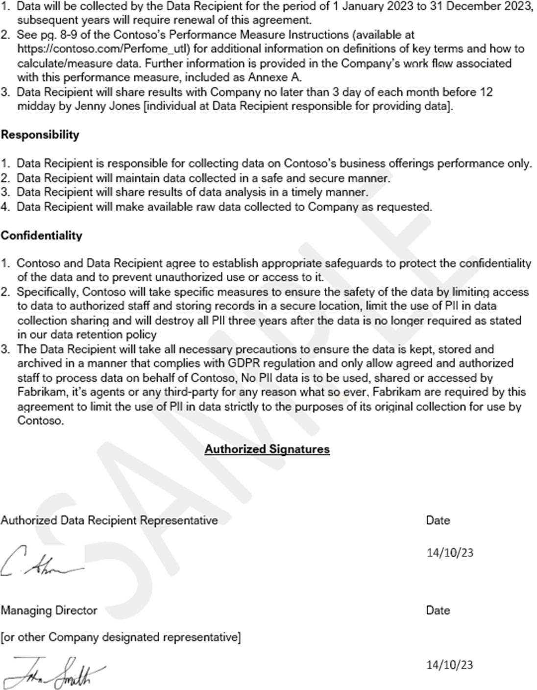 Data sharing agreement page 2 with responsibilities, confidentiality, and signatures.