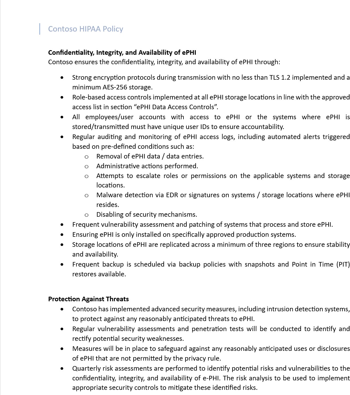 HIPAA policy document defining confidentiality, integrity and availability of ePHI, and protection against threats.