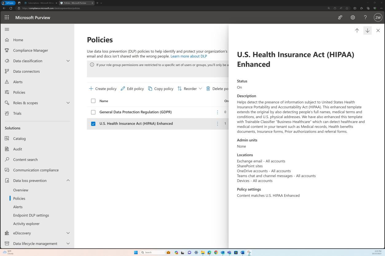 Microsoft Purview policies page with GDPR and HIPAA line items. HIPAA is selected and a side pop up has status, description, locations, and policy setting details
