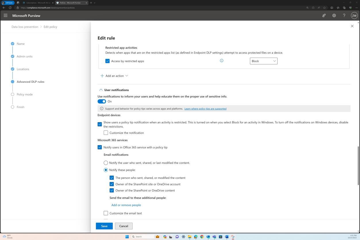 Microsoft Purview notification settings rule edit.