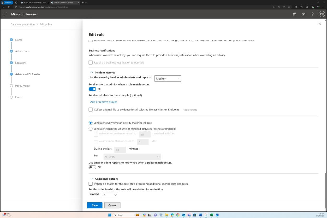 Microsoft Purview alert settings toggled on.