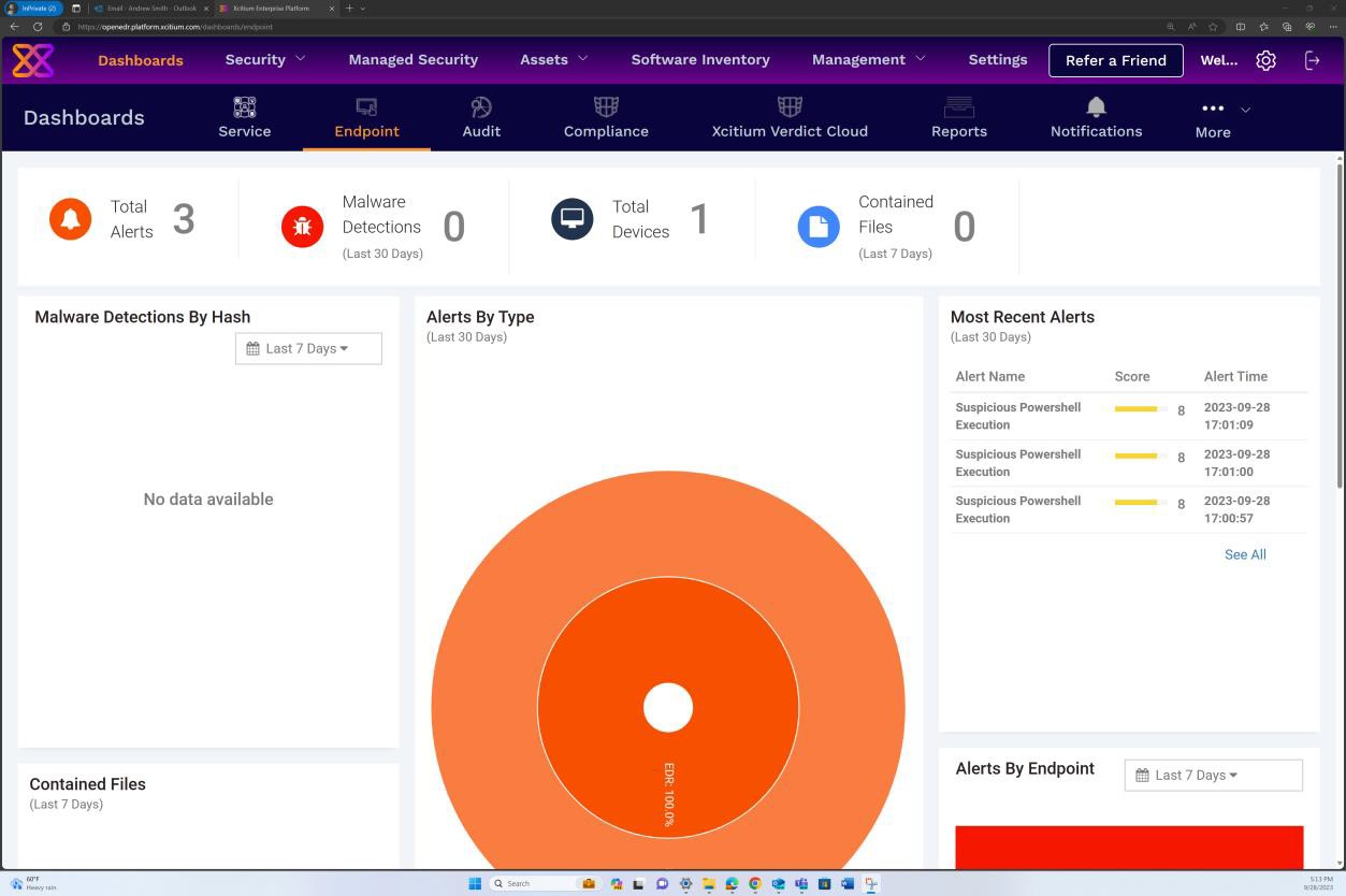Dashboard alerts  by type listing 3 total alerts with malware detections by hash, alerts by type, and most recent alerts.