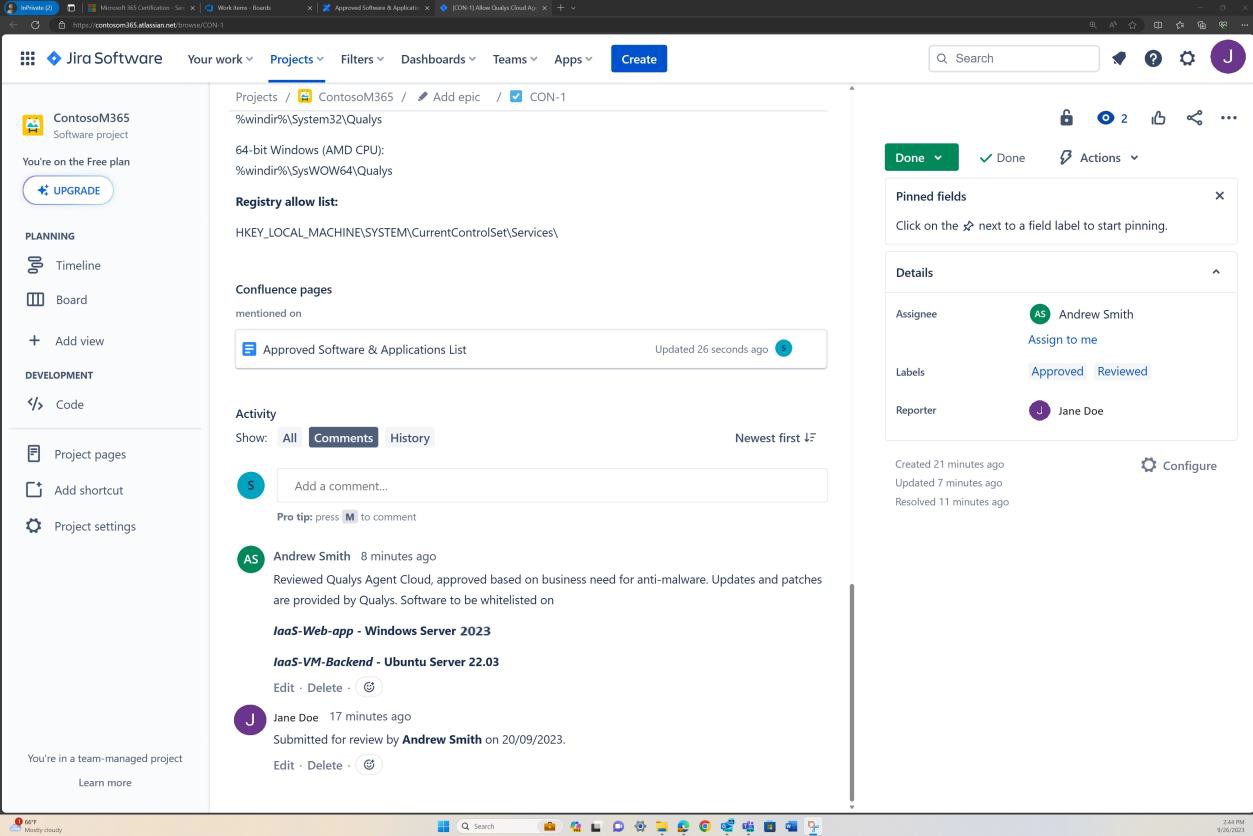 Jira ticket activity list showing approvals granted.