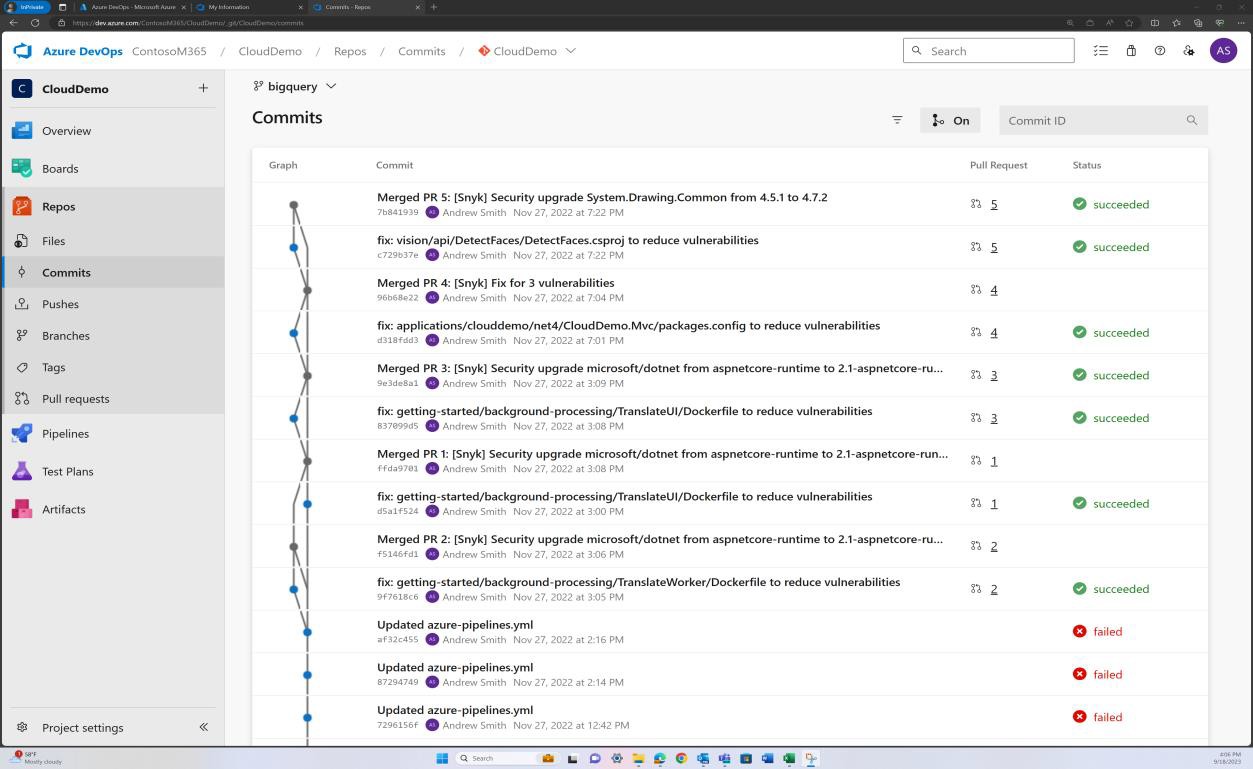 Azure DevOps commits log for CloudDemo.