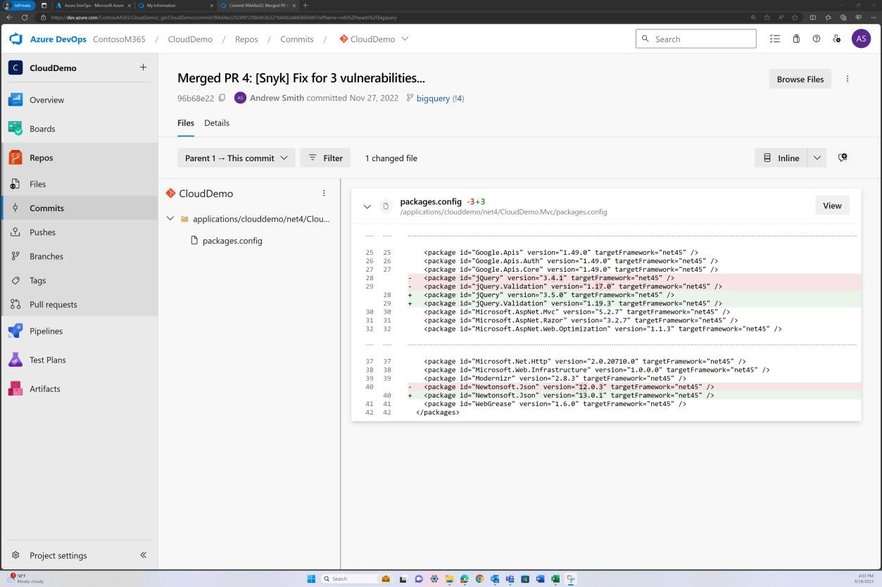 Azure DevOps commits for CloudDemo with file tree, filters and command line highlights.
