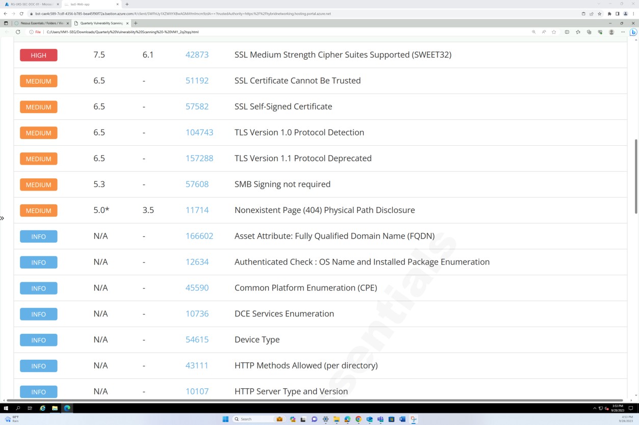Nessus scanning report page 3 showing a listing of found vulnerabilities by severity.
