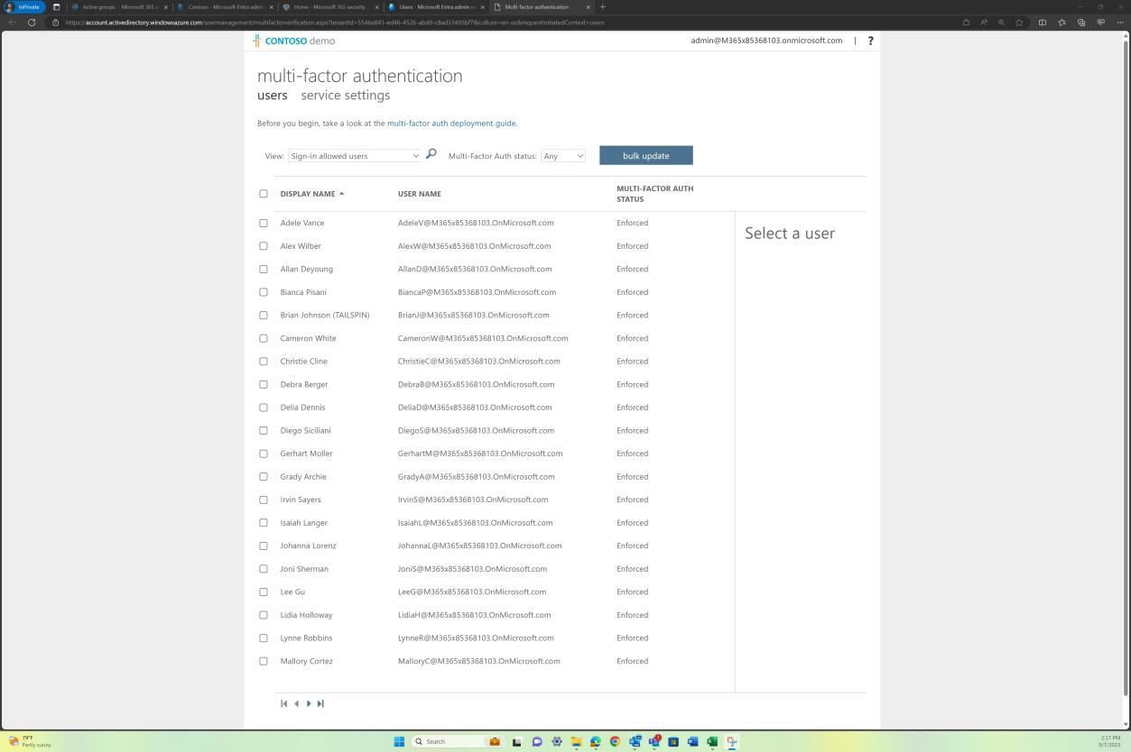 Multi-factor authentication list with user name, display name and MFA status.