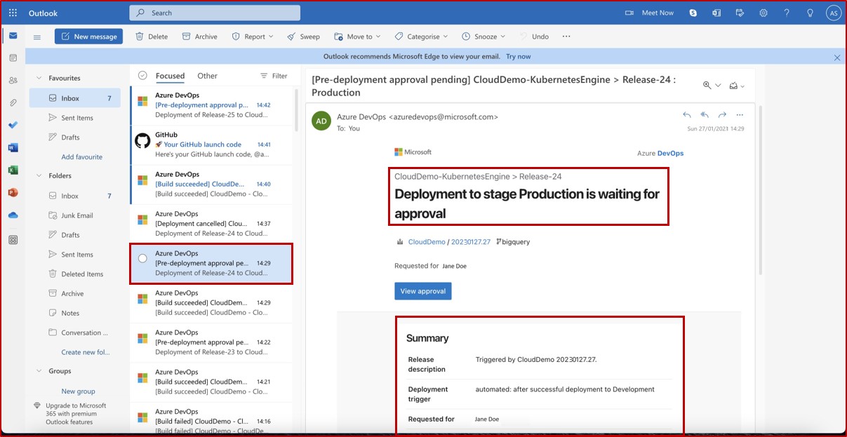 Email in Outlook, deployment to stage production is waiting for approval with a summary.