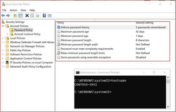 Local security password policy with settings and admin command prompt.
