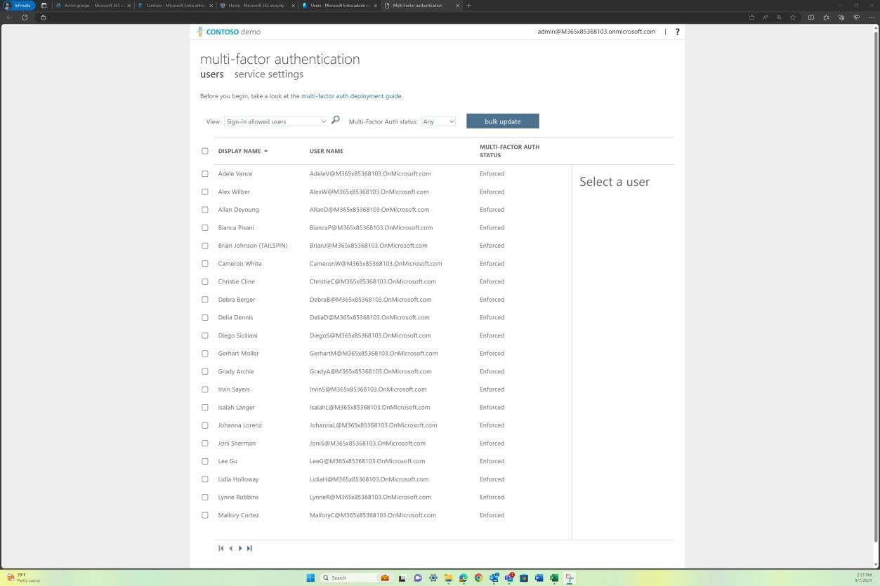 Contoso multi factor authentication user list with display name, user name, and MFA status.