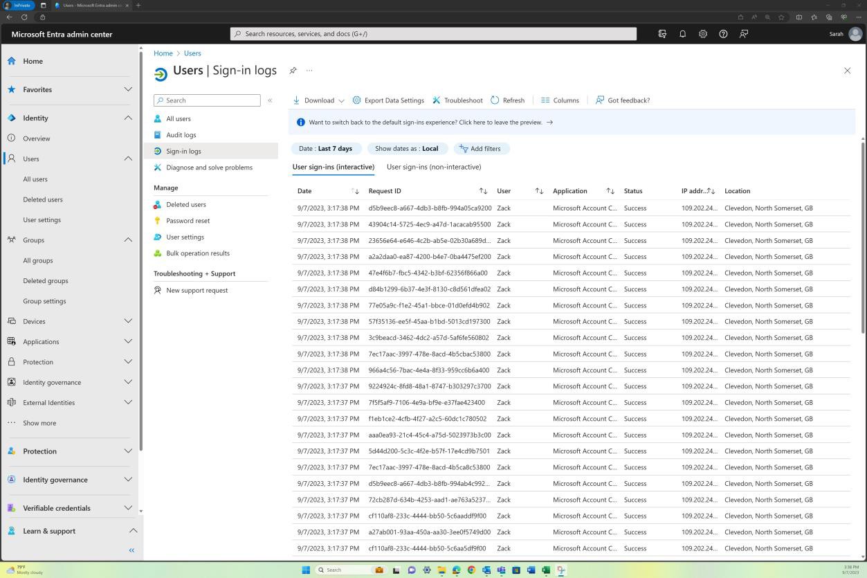 Microsoft Entra users sign in log with multiple entries over the last 7 days.