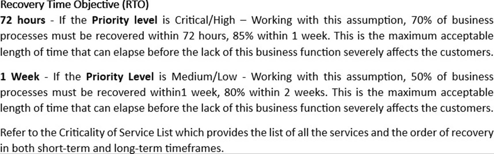 Business continuity recovery time objectives including 72 hours for critical/high and 1 week for medium/low priority.