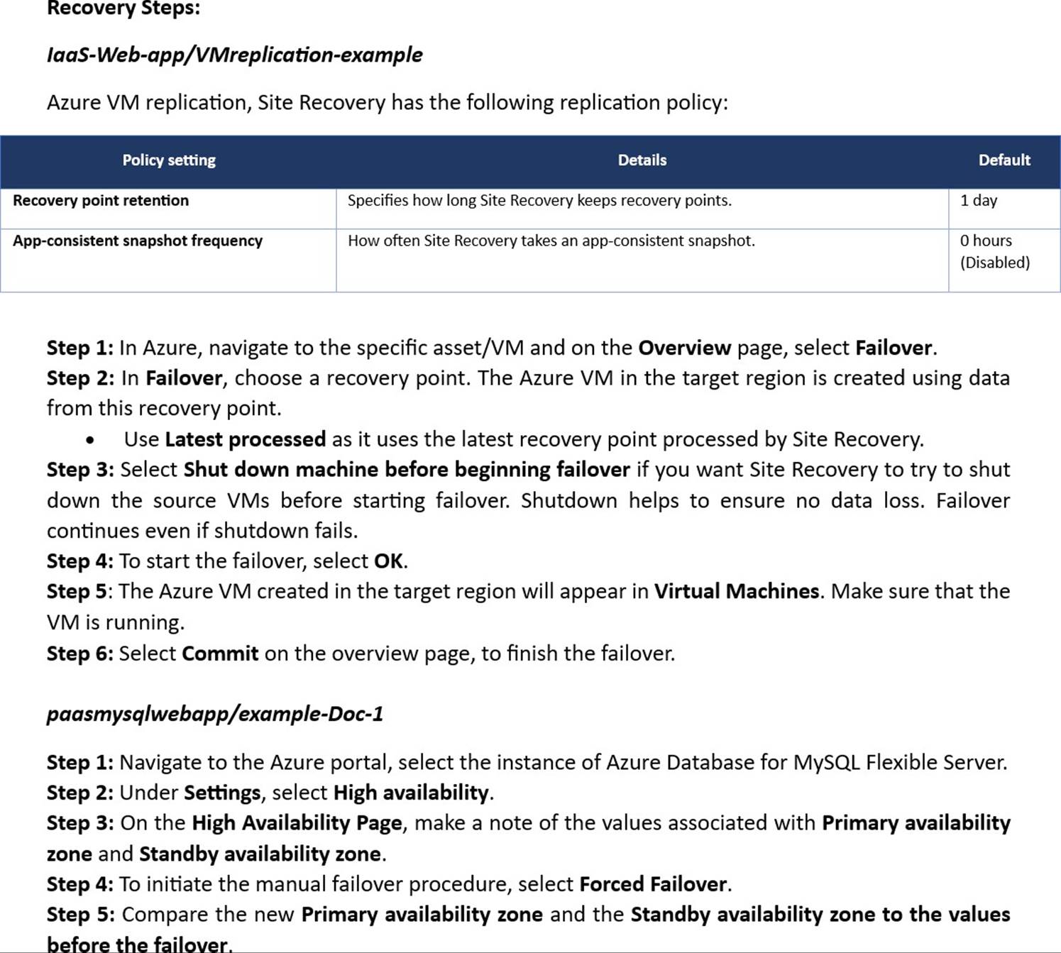 Business continuity plan recovery steps for Azure VM replication, site recovery and replication policy.