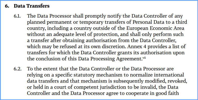 Exceprt from Data Processing Agreement for Data Transfers.