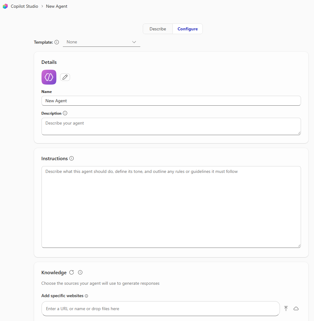 Agent Builder initial screen