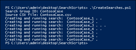 Sample output from running the script to create multiple compliance searches.