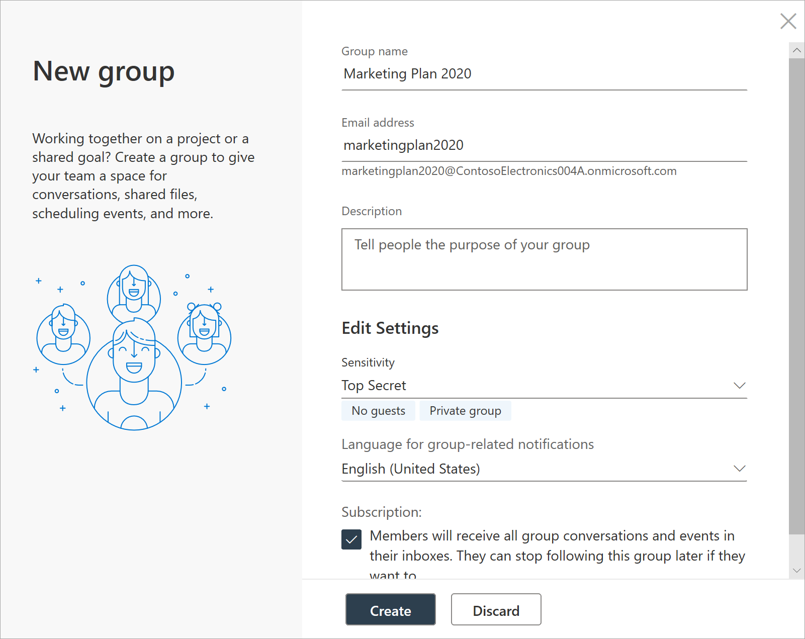 Creating a group and selecting an option under Sensitivity.