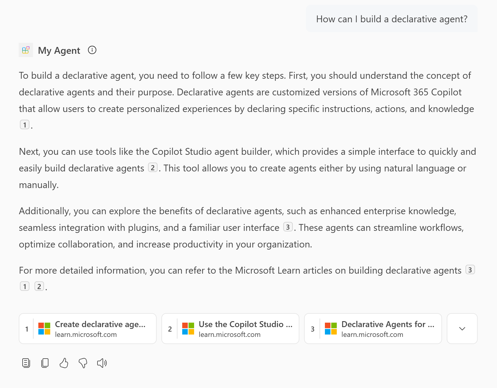 A screenshot showing a response from the declarative agent that contains web content